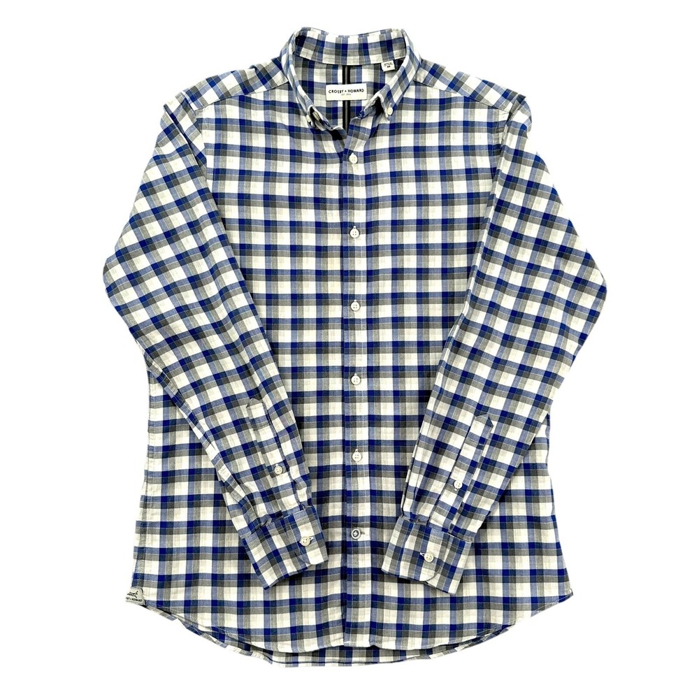 Crosby & Howard Button Down Shirt Mens M Cotton Spandex Blue Gray Plaid